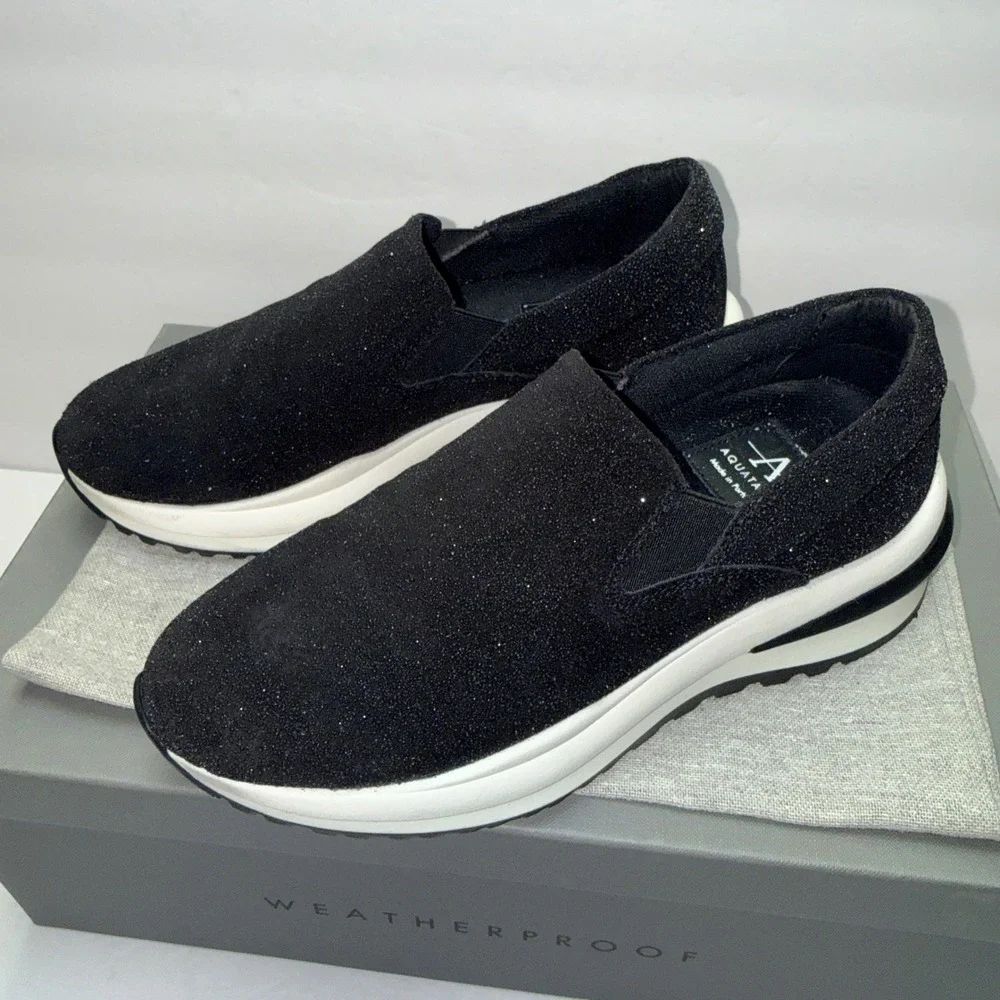 Aquatalia Leola Metallic‎ Suede Platform Slip On Sneakers Black L5019-BLK 5.5M